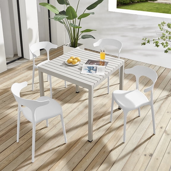 XDECO 5-Piece Outdoor Dining Table Set, Modern Patio Furniture w/ 1 Table and 4 Stackable Chairs, Gray & White