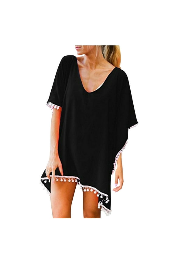 Beach Towels Up Bikini Tassels Chiffon Cover Swimwear Loose Trim Kaftan Beach Towel Black