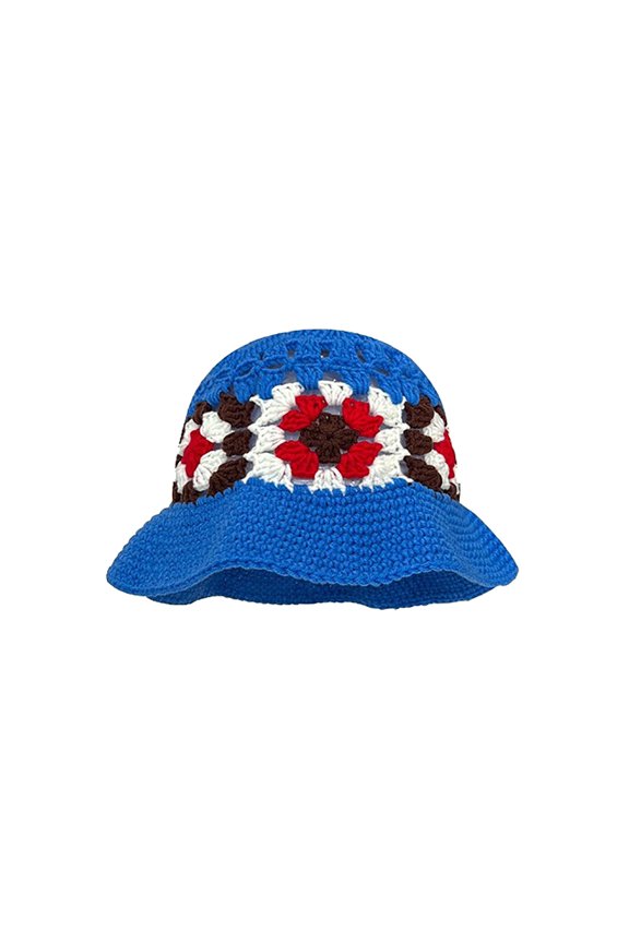 Bucket Hats for Women Japanese Vintage Hollow Flowers Handmade Knitted Pot Autumn And Winter Sweet All Show Face Small Blue
