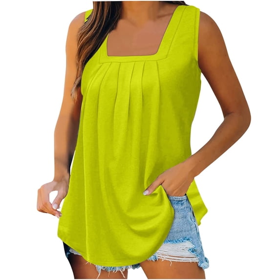XDIAHBPL Camisole Tops For Women Summer For Loose Fit Pleated Square Neck Sleeveless Shirt Curved Flowy Vest Basic Cotton Tee Tank Tops