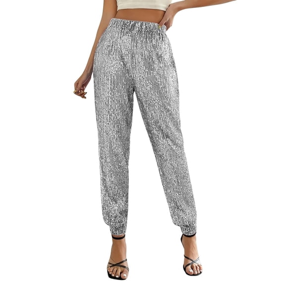 XDIAHBPL Casual Pants For Womens Pants Sparkly Pants For Elastic High Waisted Shiny Sequin Trousers Loose Long Pencil