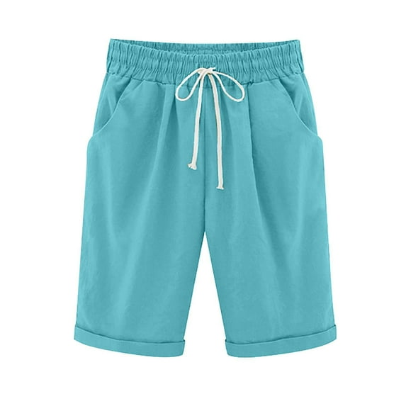 XDIAHBPL Shorts Womens Pants Summer Cotton Plus Size High Waisted Shorts Lacing Beach Workout Pocket Five Point Pants