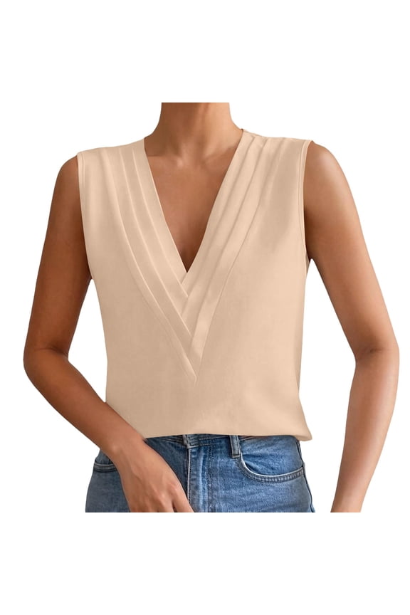 Tank Tops For Women Casual Fashion Beige Womens Tops Sleeveless Chiffon For Triple V Neck Business Outfit Blouse Womens Tank Tops