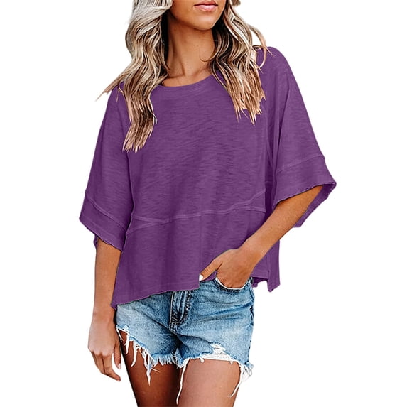 XDIAHBPL Womens Tops T Shirts For Women Casual Fashion Purple Summer Crewneck Batwing Half Sleeve Tee Loose Basic