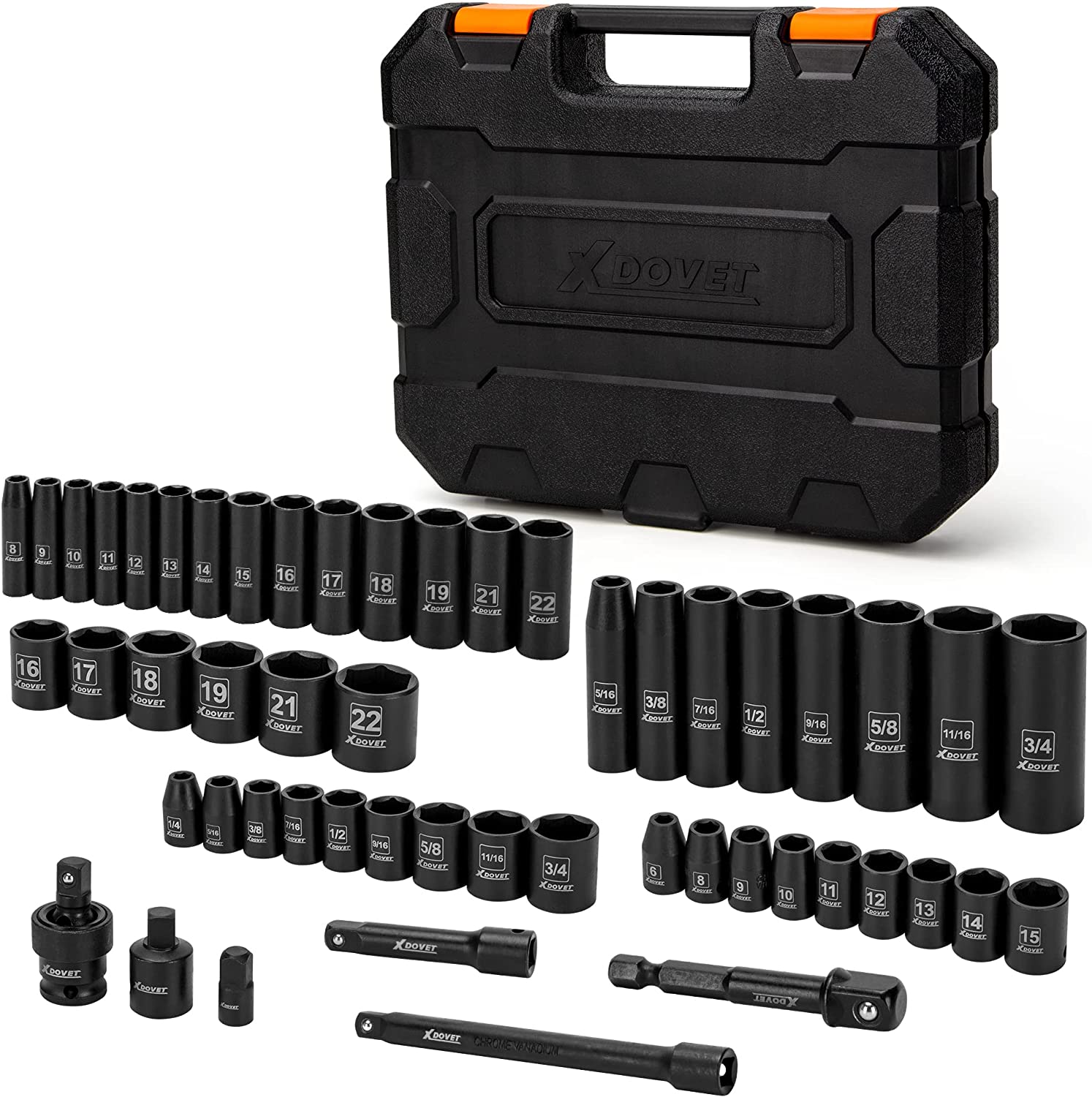XDOVET 3/8" Impact Socket Set, 3/8Inch Drive Socket Set, 52PCS Deep