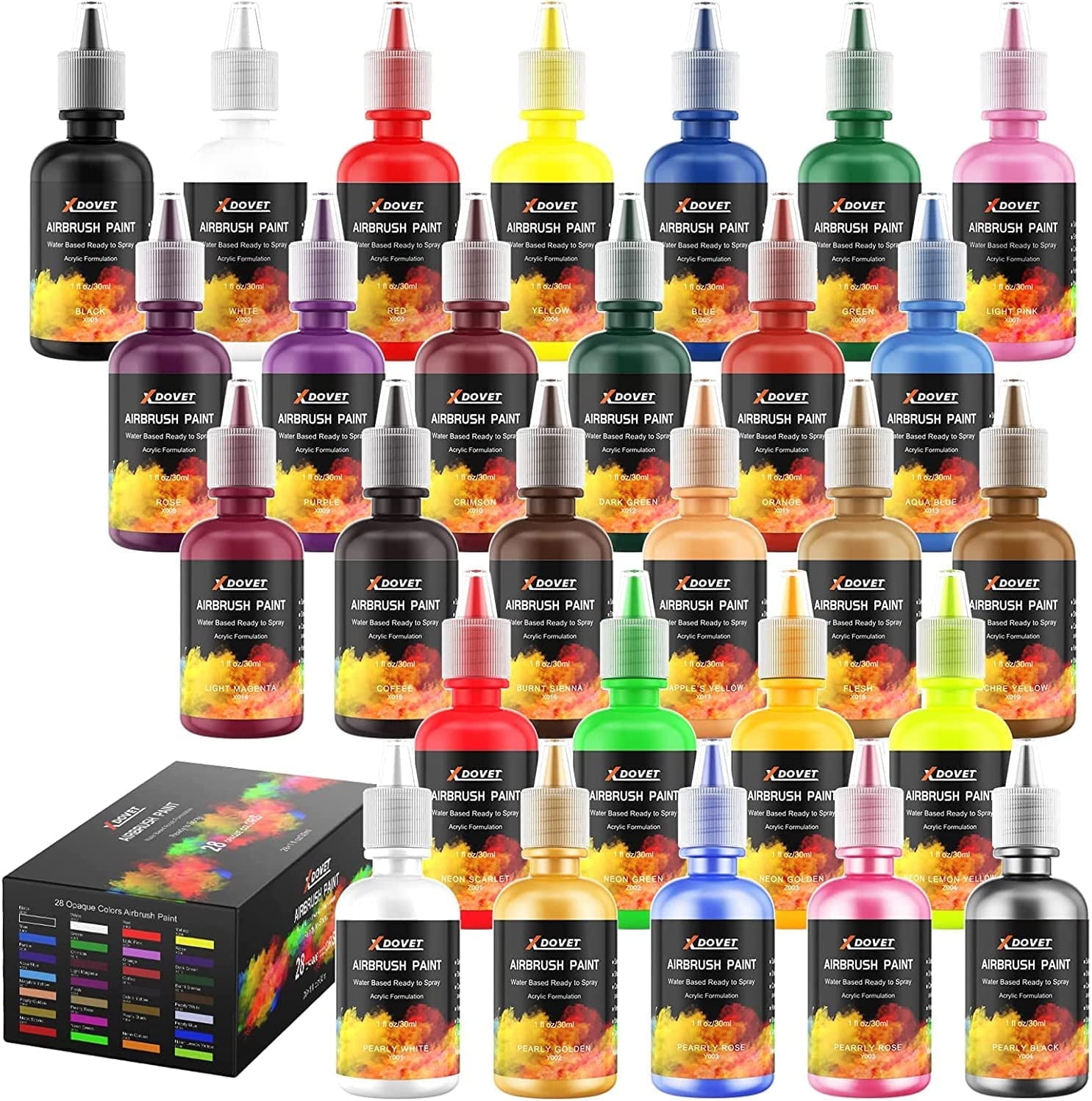 XDOVET Airbrush Paint, 28 Colors Airbrush Paint Set (30 ml/1 oz), Ready