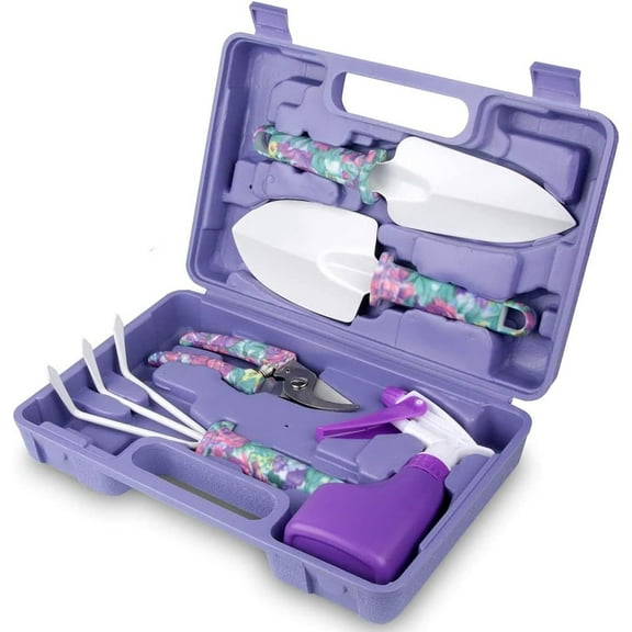 XDOVET Garden Tool Set, Outdoor Hand Gardening Tool Set, with Non-Slip Rubber Grip, Storage Tote Suitcase, 5 PCS Purple
