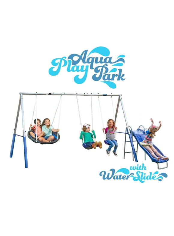 XDP Recreation Aqua Play Park with Water Slide, Metal Swing Set, Super Disc Swing, Swings