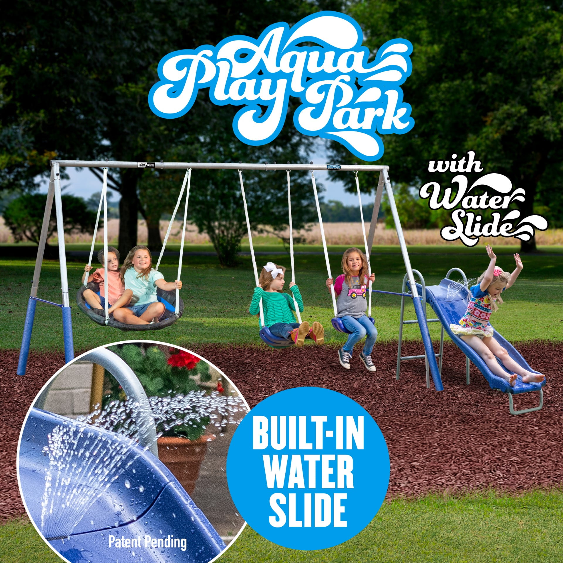 XDP Recreation Aqua Play Park Swing Set and Water Slide with Tarp, 2 Swings, and a Disc Swing
