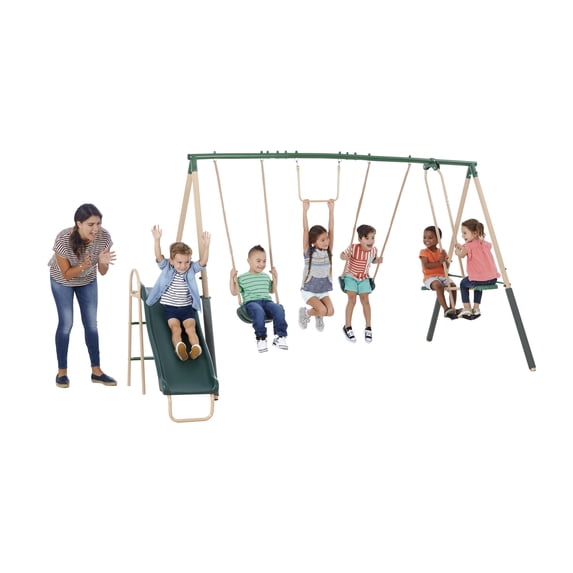 XDP Recreation Central Park Metal Swing Set with 2 Swing Seats, Trapeze Bar, Fun Glider for 2, & Wave Slide