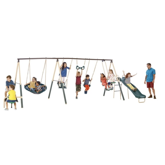 XDP Recreation Deerfield Metal Swing Set with Super Disc Swing, 6-ft Slide, Fun Glider & See-Saw
