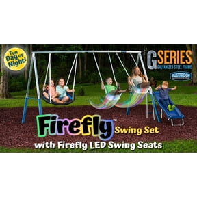 XDP Recreation Firefly Metal Frame Swing Set with 2 Firefly-LED Swing Seats, Super Disc Swing, & Wave Slide
