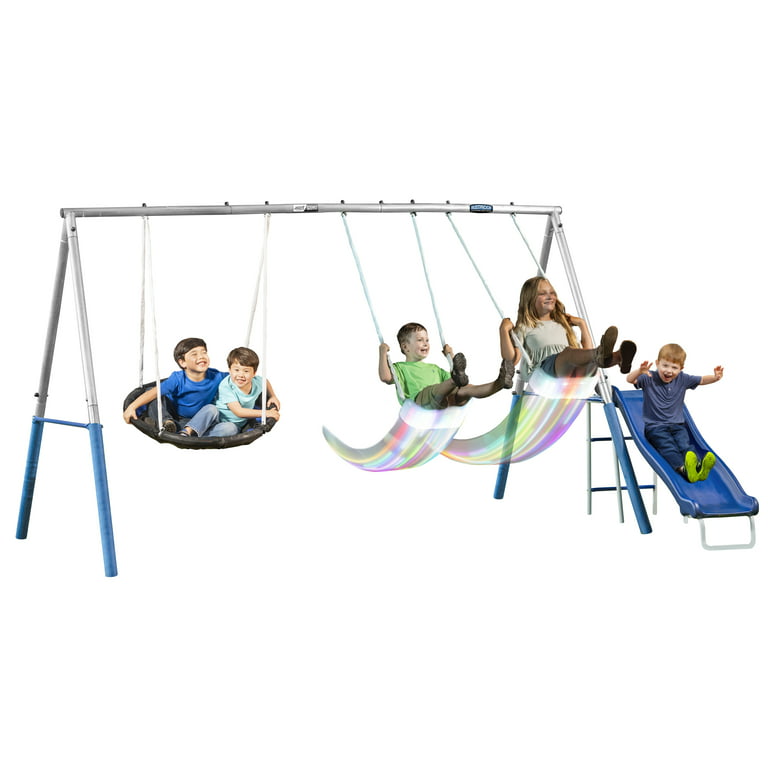 XDP Recreation Firefly Steel Swing Set with Swing Seats, Super Disc Saucer  Swing, & Wave Slide 