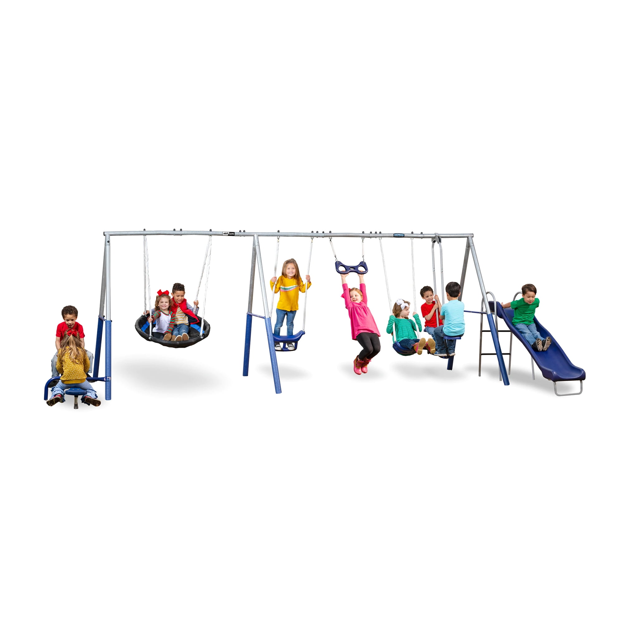 XDP Recreation Fun All Mighty Blue and Silver Metal Swing Set with Slide and Multiple Swings