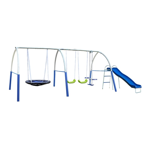XDP Recreation Palisade Safe-Arch Metal Swing Set for Backyard Play, Silver, Blue & Green