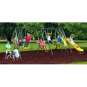 XDP Recreation Rising Sun Metal Swing Set with See Saw, Glider, Stand N Surf, Swing, Deluxe Trapeze, Fun Glider and Wave Slide