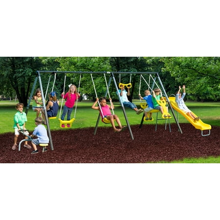 XDP Recreation Rising Sun Metal Swing Set with See Saw, Glider, Stand N Surf, Swing, Deluxe Trapeze, Fun Glider and Wave Slide
