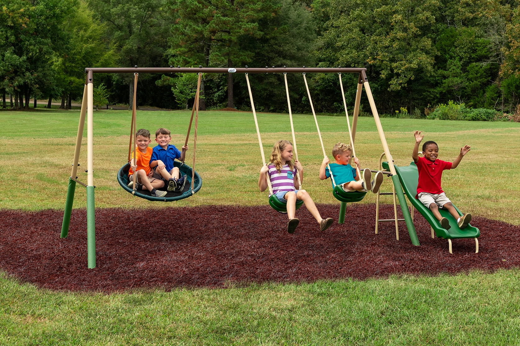XDP Recreation Super Disc Steel Swing Set with Slide, Disc Swing, and 2 Swings