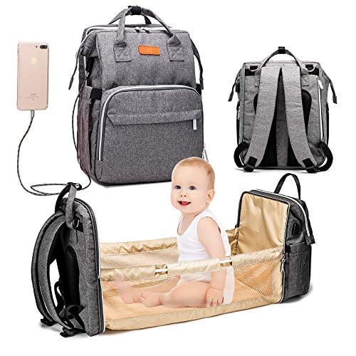 XDW-GIFTS 3 in 1 Travel Foldable Baby Bed Diaper Bag,Diaper Backpack Changing Station,Built-in USB Charging Port and Stroller Straps