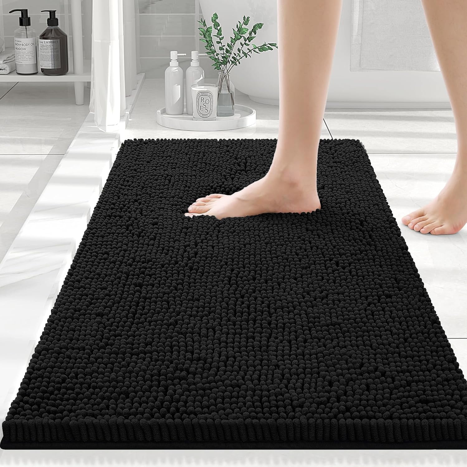 Black Chenille High Pile Non-Slip Bath Rug 24" x 16"