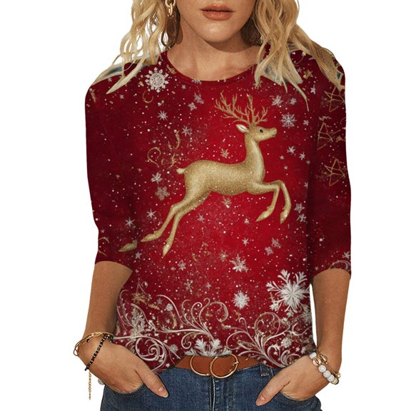 XDZJLR 3/4 Sleeve Christmas Shirts For Women Fashion Xmas Print Crew Neck T Shirt Top Soft Blouses Tops Watermelon Red S