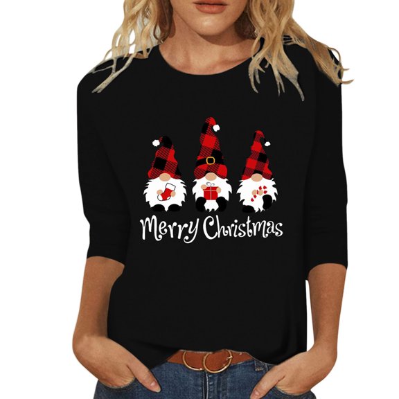 XDZJLR 3/4 Sleeve Christmas Shirts For Women Xmas Casual Fashion Xmas Letter Printing Crew Neck T Shirt Blouse Breathable Blouses Tops Black M