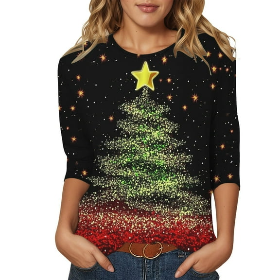 XDZJLR 3/4 Sleeve T Shirts For Women Christmas Festive Holiday Print Casual Tee With Crew Neck Everyday Top Comfort Soft Blouses Tops Watermelon Red S