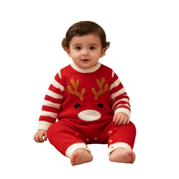 XDZJLR Baby Boy Girl Christmas Outfit Romper Xmas Cozy Winter Knitted Reindeer Fair Isle Jumpsuit Soft Warm Playwear Outfit Red 12-18 Months