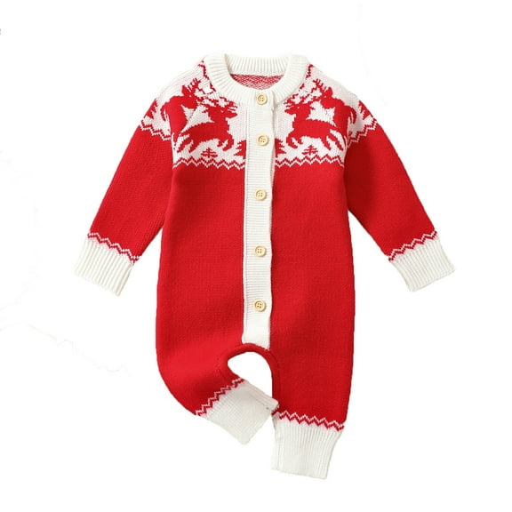 XDZJLR Baby Boy Girl Christmas Outfit Romper Xmas Festive Reindeer Knitted Bodysuit Pajama Soft Holiday Toddler Photo Outfit Red 12-18 Months