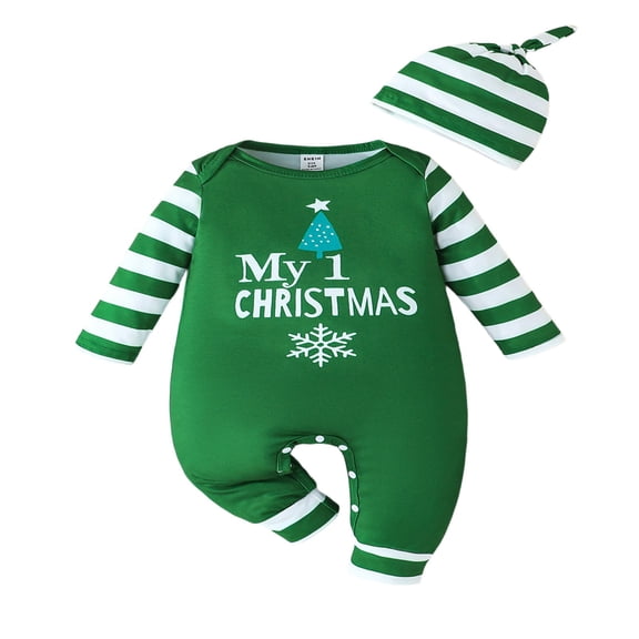 XDZJLR Baby Boy Girl Christmas Outfit Romper Xmas Print Hat 2 Piece Long Sleeve Striped Jumpsuit Soft Playwear With Letter Design Holiday Photoshoot 0-1 Months