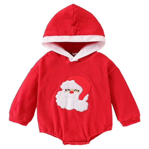 XDZJLR Baby Boy Girl Christmas Outfit Romper Xmas Santa Hooded Jumpsuit Long Sleeve Winter Soft Warm Holiday Toddler Playwear Red 6-12 Months
