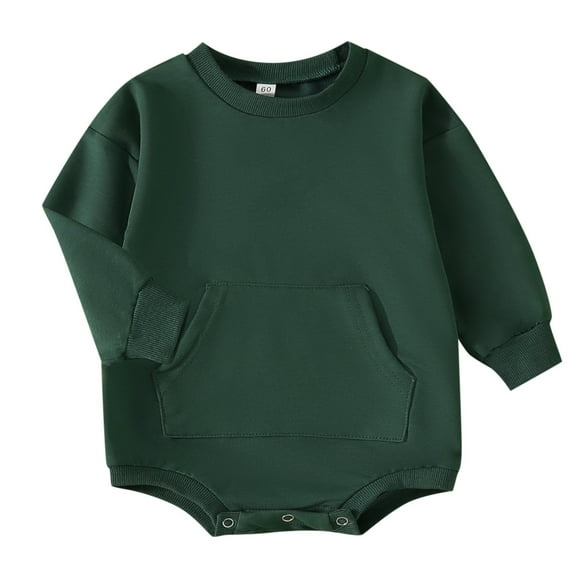 XDZJLR Baby Boy Girl Outfits Infant Sweatshirt Solid Color Crewneck Sweater Onesie Oversized Long Sleeve Bodysuit With Pocket Green 12-18 Months