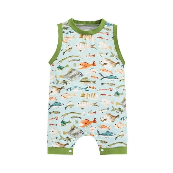 XDZJLR Baby Boy Girl Outfits Fishes Print Sleeveless Cotton Tops Rompers Jumpsuit Clothing Romper Green 6-12 Months