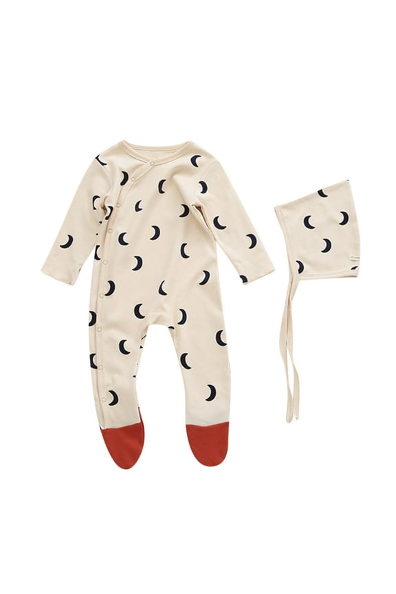 Baby Boy Girl Pajamas Cotton Long Sleeve Graphic Print Footed Bodysuit Jumpsuit Hat Sleepwear Blue 3-6 Months