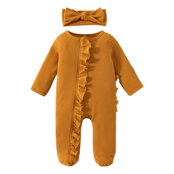 XDZJLR Baby Loungewear Cotton Ruffle Knit Jumpsuit Long Sleeve Zipper Footie Playsuit Headband Solid Fall Winter Pj'S Brown 18-24 Months