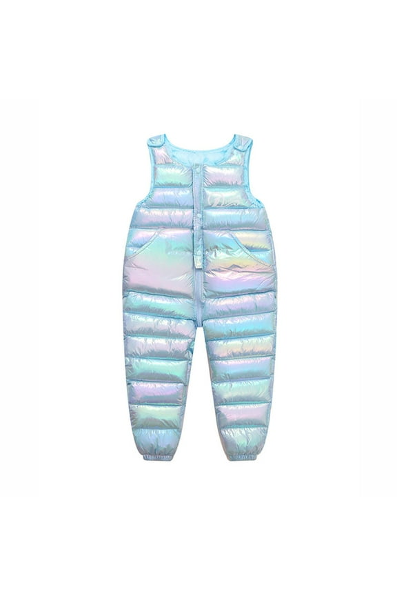 Baby Snowsuit Winter Coat Children Kids Toddler Boys Girls Sleeveless Warm Shiny Jumpsuit Cotton Wadded Suspender Ski Bib Pants Overalls Trousers Clothes Outfits Light Blue 2-3 Years