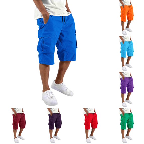 XDZJLR Big And Tall Mens Shorts Cargo Casual Shorts With Pockets And Drawstring Solid Color Versatile Hiking Shorts Blue 3Xl