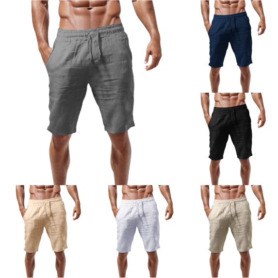 XDZJLR Big And Tall Men Cotton Linen Shorts Casual Summer Shorts Lightweight Comfortable Elastic Waist With Pockets And Drawstring Loose Fit Beach Shorts Grey M