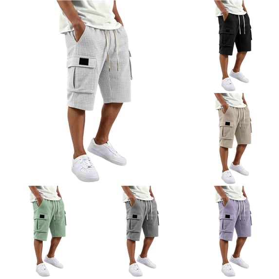 XDZJLR Big And Tall Mens Hiking Shorts Summer Casual Solid Waffle Knit Shorts Lightweight Breathable Shorts With Pockets And Drawstring Cargo Shorts Light Gray 2Xl
