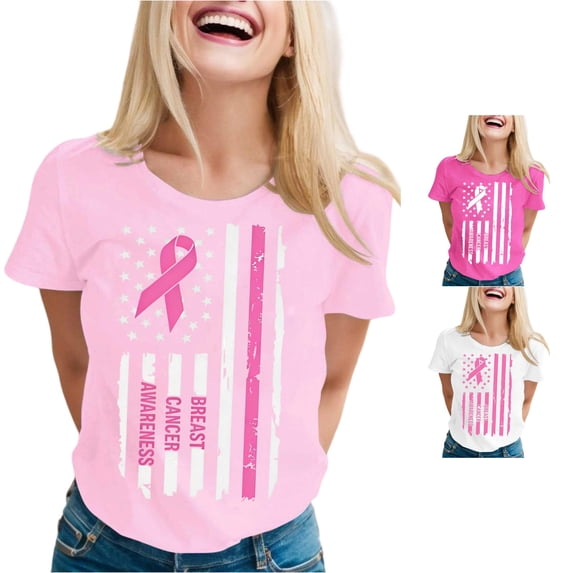 XDZJLR Cancer Awareness Women Shirts Pink Ribbon Graphic Short Sleeve Relaxed Fit T Shirt Tops T-Shirts L