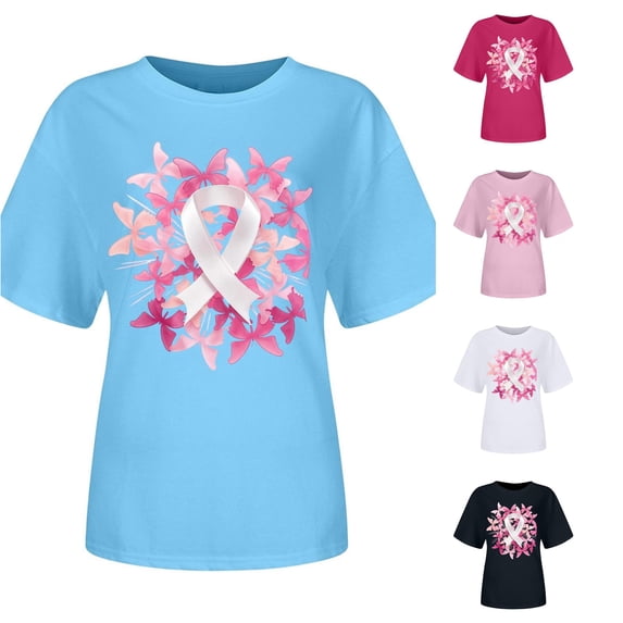 XDZJLR Cancer Awareness Women T Shirts Ladies Pink Ribbon Graphic Round Neck Short Sleeve T Shirt Tops T-Shirts Blue Xl