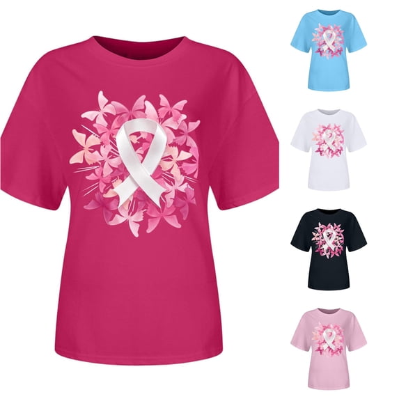 XDZJLR Cancer Awareness Women Tshirts Ladies Pink Ribbon Graphic Round Neck Short Sleeve T Shirt Tops T-Shirts 2Xl