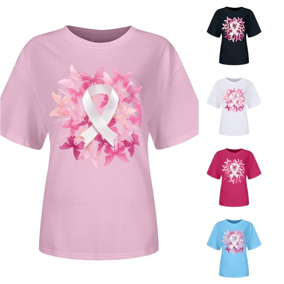 XDZJLR Breast Cancer Gifts T Shirts For Women Ladies Pink Ribbon Graphic Round Neck Short Sleeve T Shirt Tops Tshirts L