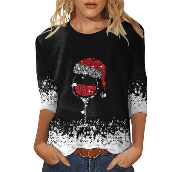 XDZJLR Christmas 3/4 Sleeve Shirt Women Daily Xmas Print O Neck Round Neck Tee Shirt Printed Flower Loose Side Split Tunic Cozy Blouses Tops Black S