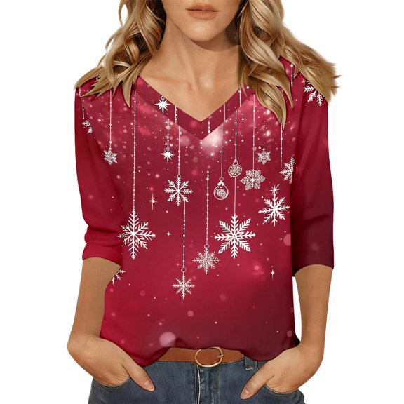 XDZJLR Christmas 3/4 Sleeve Shirt Women Workout Cropped V Neck T Shirts Holiday Pullover Half Sleeve Party T Shirts Cozy Blouses Tops Red Xl