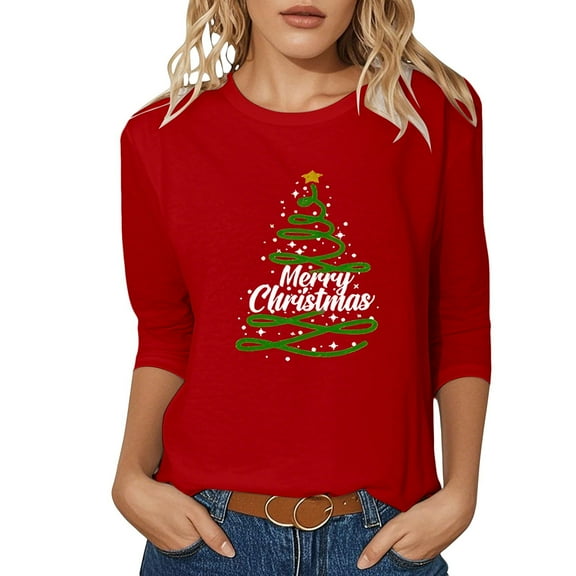 XDZJLR Christmas 3/4 Sleeve Shirt Women Xmas Casual Fashion Top Leisure Blouses Tops Red M