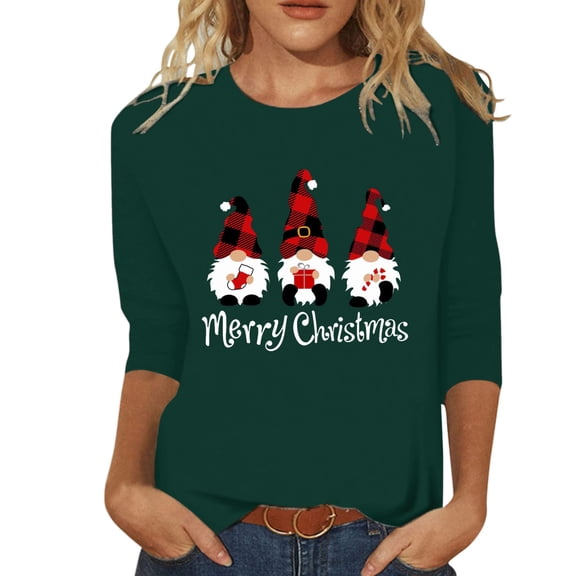 XDZJLR Christmas 3/4 Sleeve Shirt Women Xmas Casual Fashion Xmas Letter Printing Crew Neck T Shirt Blouse Cozy Blouses Tops Green Xxl