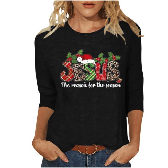 XDZJLR Christmas 3/4 Sleeve Shirt Women Xmas Shirts Sparkly Xmas Tree Graphic Sweatshirt T Shirts Casual Round Neck Pullover Breathable Blouses Tops Black Xxl