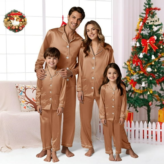 XDZJLR Christmas Family Pajamas Matching Set Kids Long Sleeve Silk Like Satin Pure Color Two Piece Holiday Outfit,Loungewear Nightwear Pjs For Women Mom Khaki