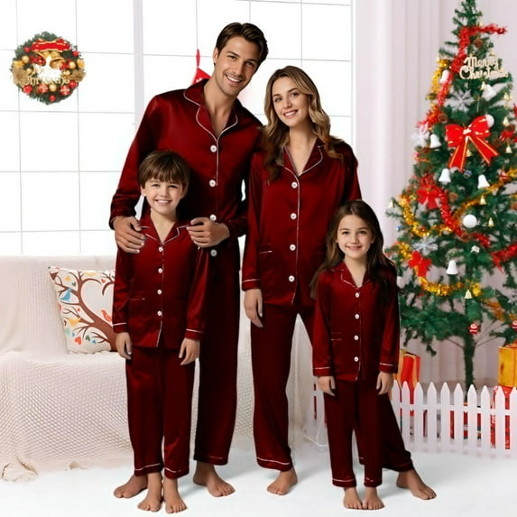 XDZJLR Christmas Family Pajamas Matching Set Long Sleeve Satin Silk Like Parents Kids Holiday Party Outfit,Pjs Homewear Sleepwear For Kids Comfortable